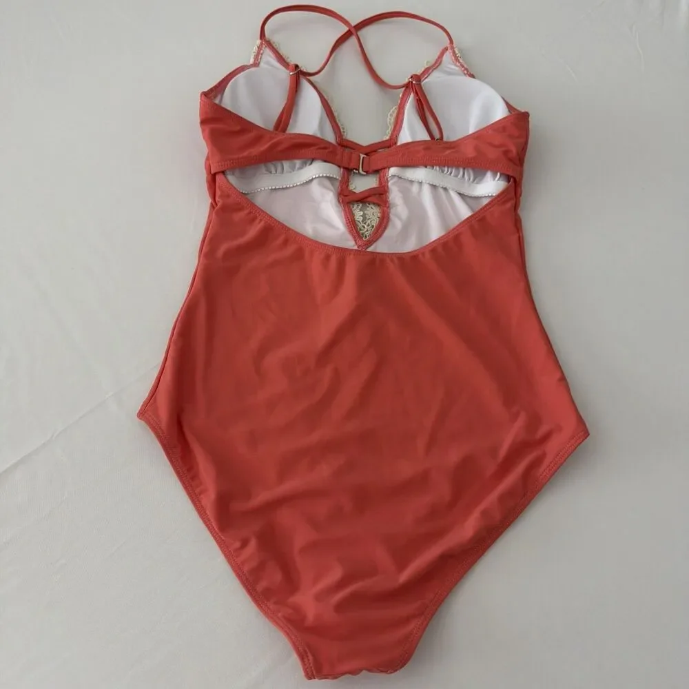 CUPSHE Womens Sz M One Piece Swimsuit Peach Coral Floral Lace Crochet Boho EUC